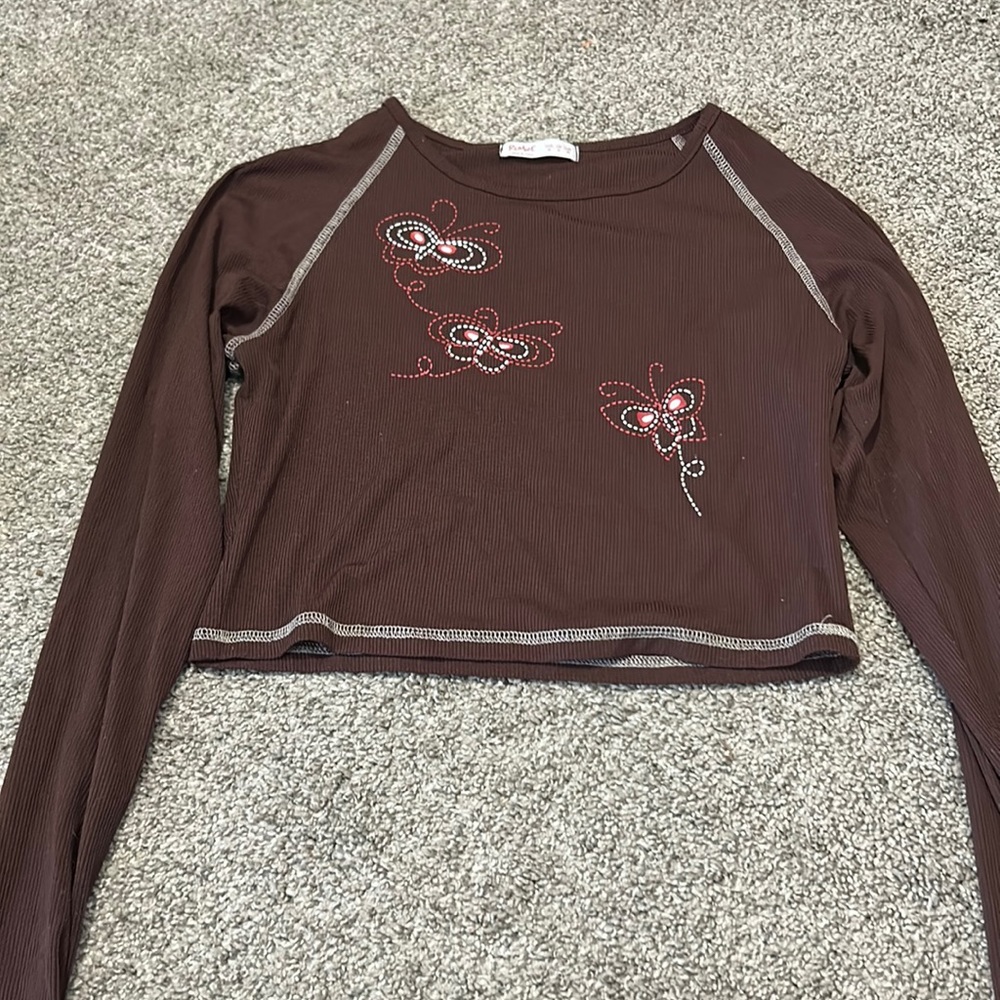 Brown-Long Sleeve-Butterfly print Romwe CropTop. Lightly worn